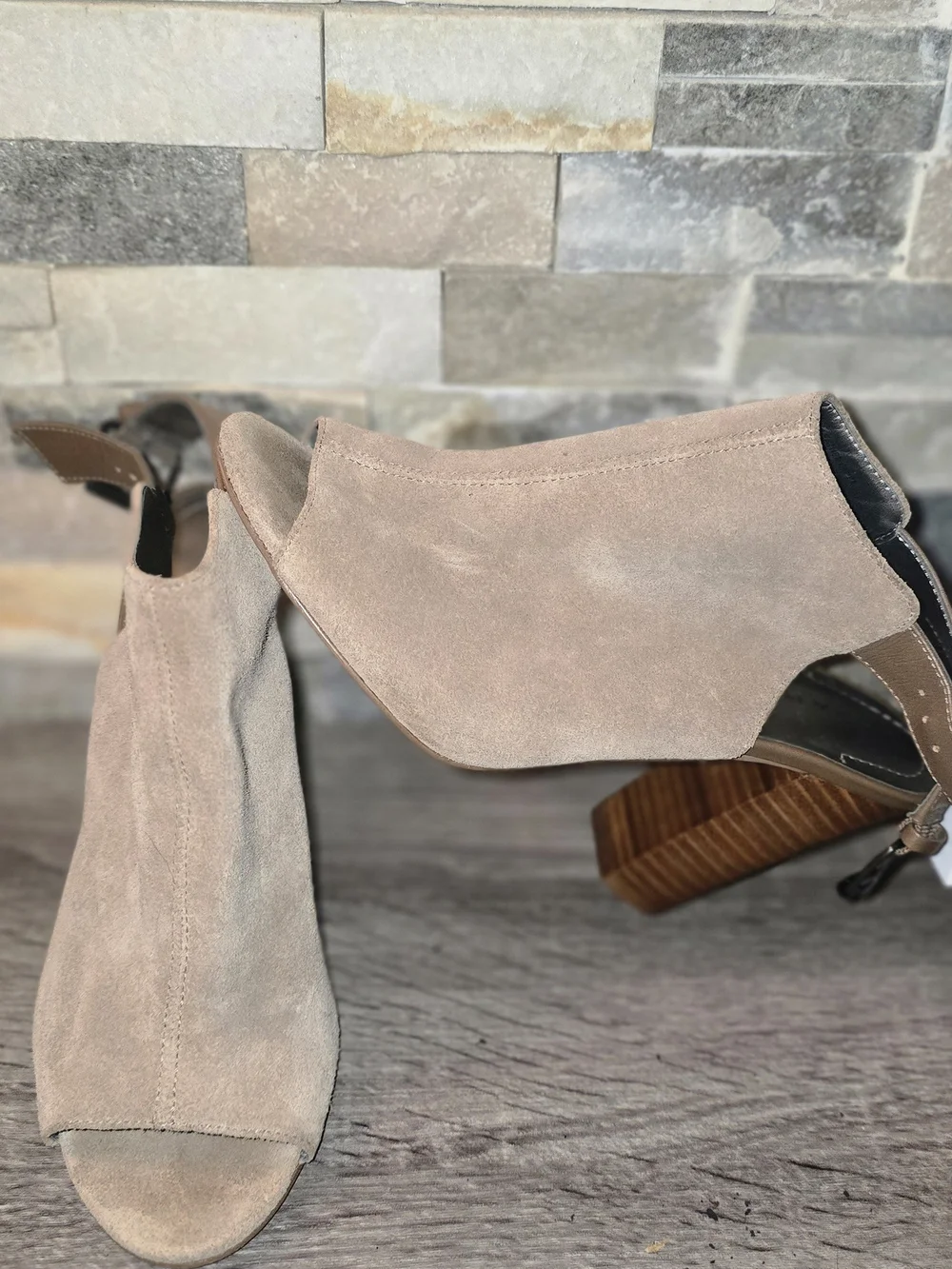 Tahari Beige Suede Open-Toe Ankle Booties
